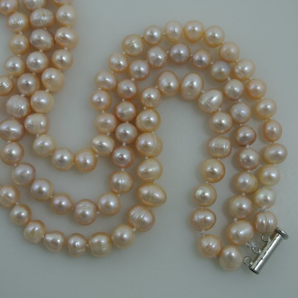 3-Strand 7mm Peach Freshwater Pearl Necklace & Bracelet Set - Picture 9 of 9
